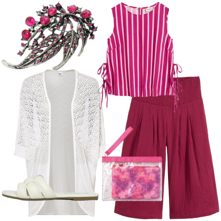 Outfit donna - Total look #2418332. Stile Casual per Tutti i giorni. Abbinamento con cardigans, pantaloni, canottiere, pochette, ciabatte, blazer.