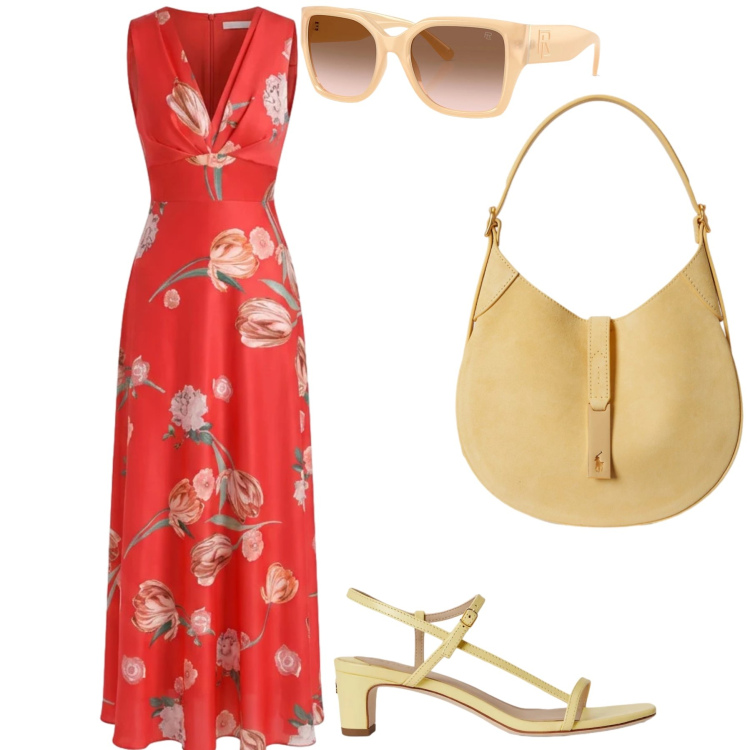 Outfit donna - Eleganza senza tempo. per Cerimonia. Abbinamento con vestiti lunghi, occhiali da sole, borse a spalla, sandali in pelle.