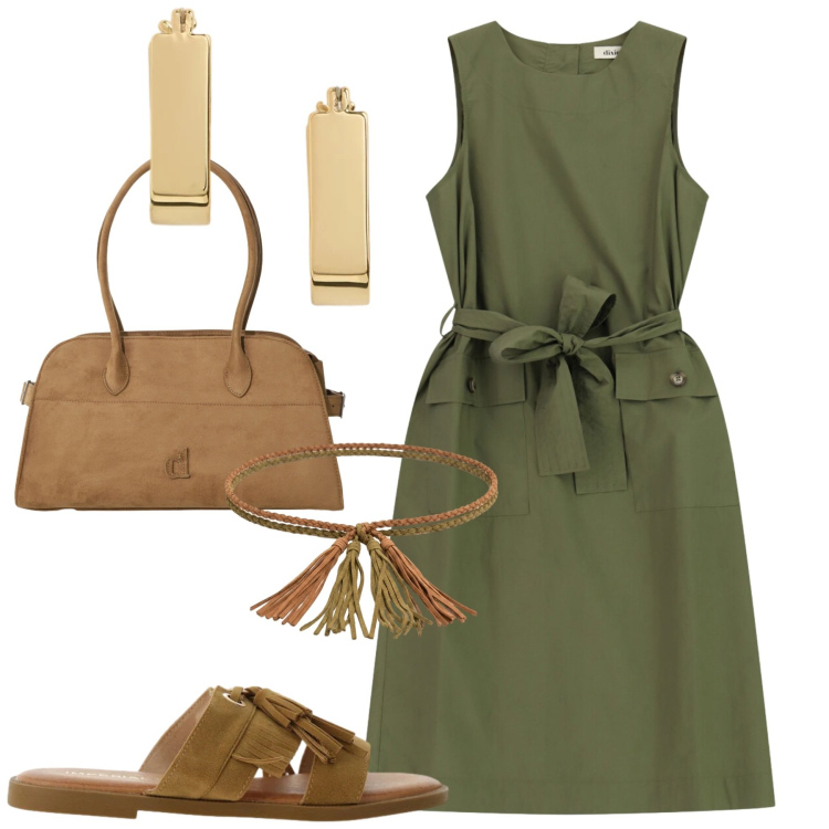 Outfit donna - City. Stile Casual chic per Tutti i giorni. Abbinamento con sandali, cinture, cappotti, vestiti senza maniche, orecchini.