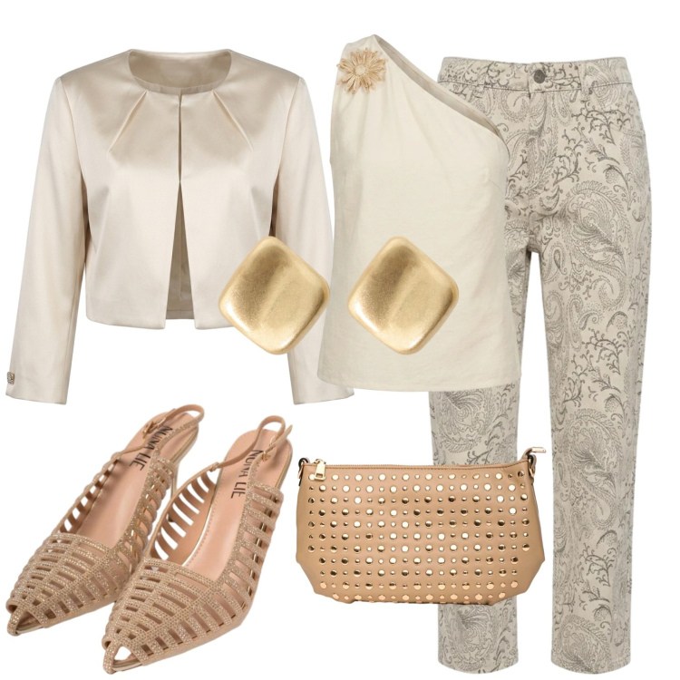 Outfit donna - Colori neutri. Stile Casual chic per Serata fuori. Abbinamento con orecchini, jeans, scarpe col tacco, borse a tracolla, top, bolero.