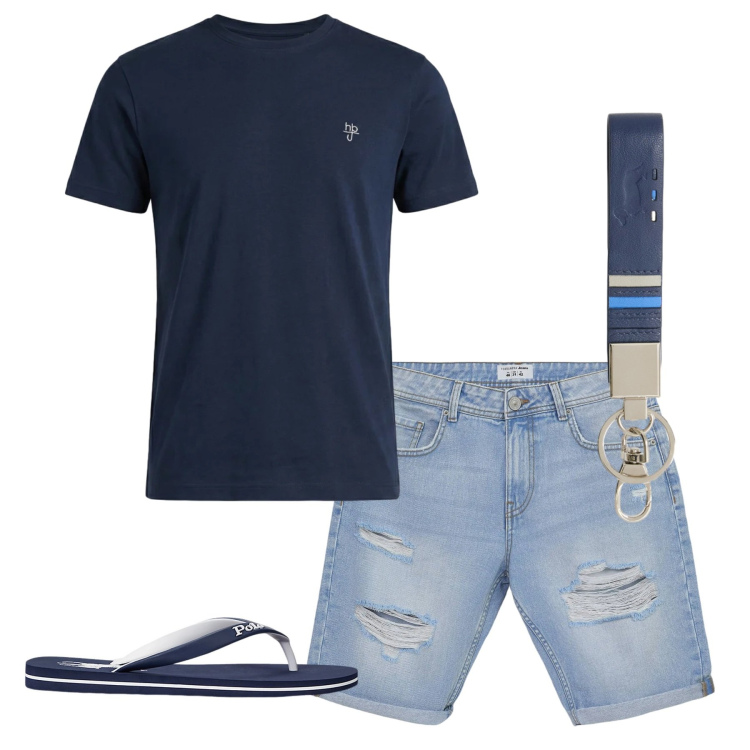 Outfit uomo - Estate in denim chiaro. Stile Casual per Tutti i giorni. Abbinamento con portachiavi, t-shirt, bermuda, sandali.