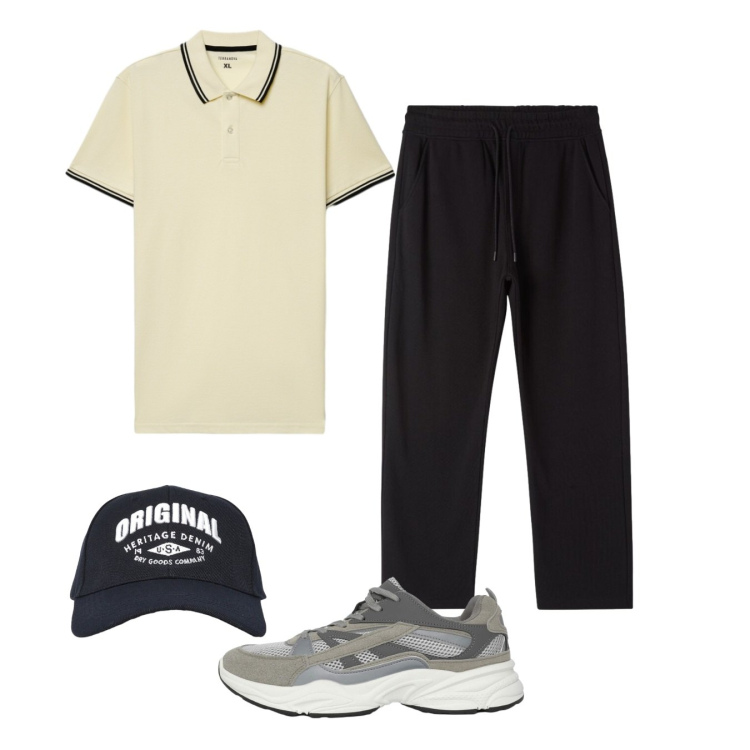 Outfit uomo - Total look #2418347. Stile Urban per Tutti i giorni. Abbinamento con sneakers, cappelli con visiera, pantaloni, polo.