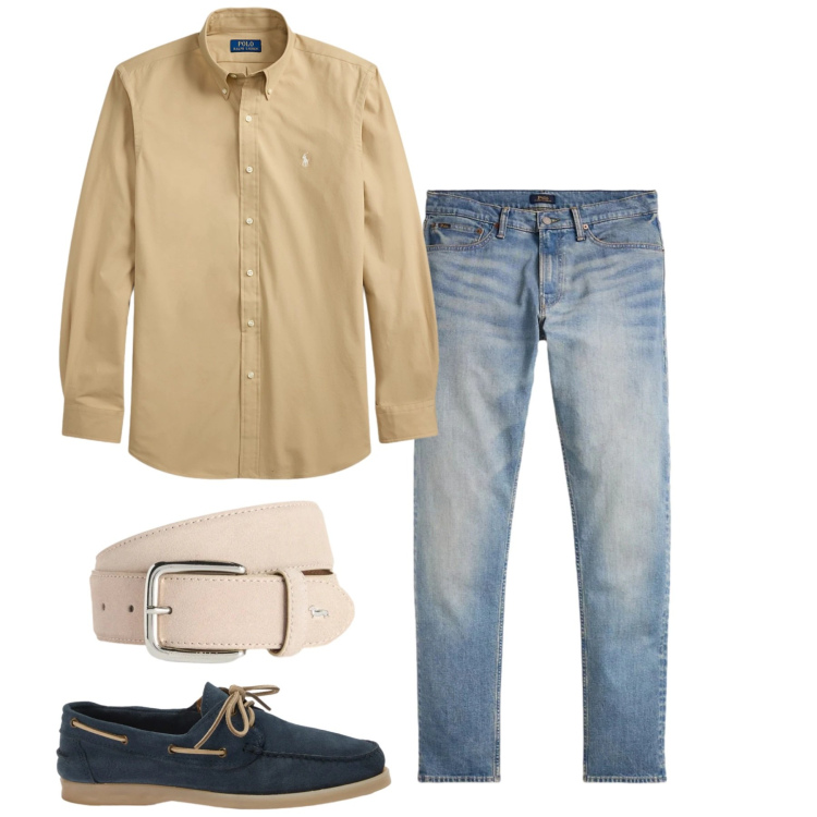 Outfit uomo - Estate in denim chiaro. Stile Casual per Tutti i giorni. Abbinamento con scarpe stringate, cinture, jeans, camicie.