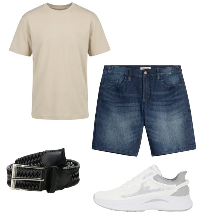 Outfit uomo - Sneakers bianche d’estate. Stile Casual per Tutti i giorni. Abbinamento con shorts, t-shirt, sneakers, cinture.