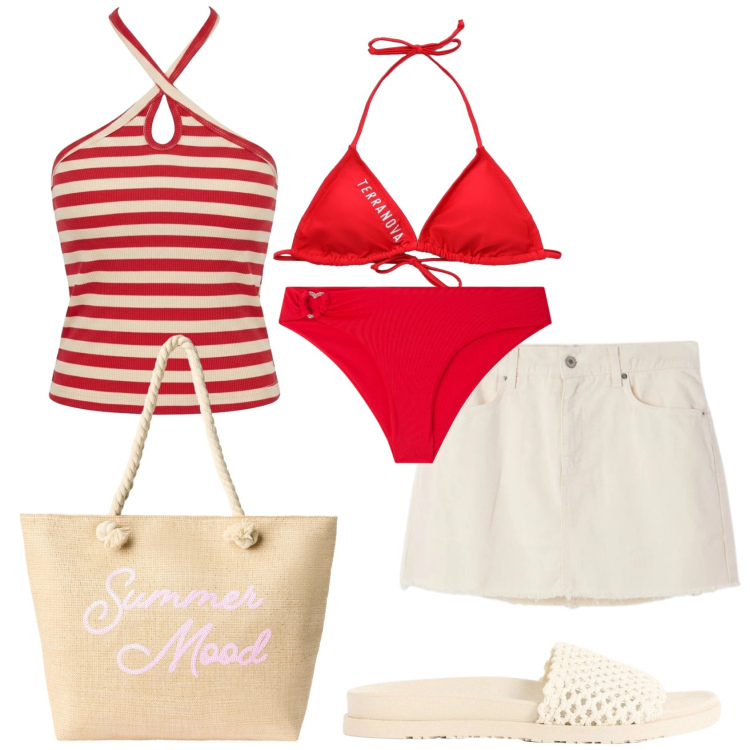 Outfit donna - Total look #2418350. Stile 70s per Mare. Abbinamento con ciabatte, bikini, borse tote, minigonne, bikini, canottiere.