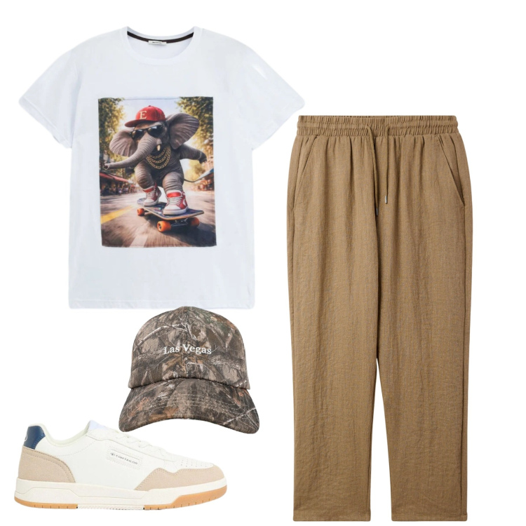 Outfit uomo - Sneakers bianche d’estate. Stile Casual per Tutti i giorni. Abbinamento con sneakers, pantaloni, cappelli con visiera, t-shirt.