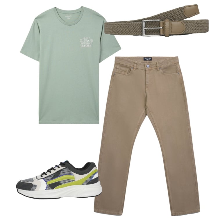 Outfit uomo - Casual spinto. Stile Casual per Tutti i giorni. Abbinamento con cinture, t-shirt, jeans, sneakers.