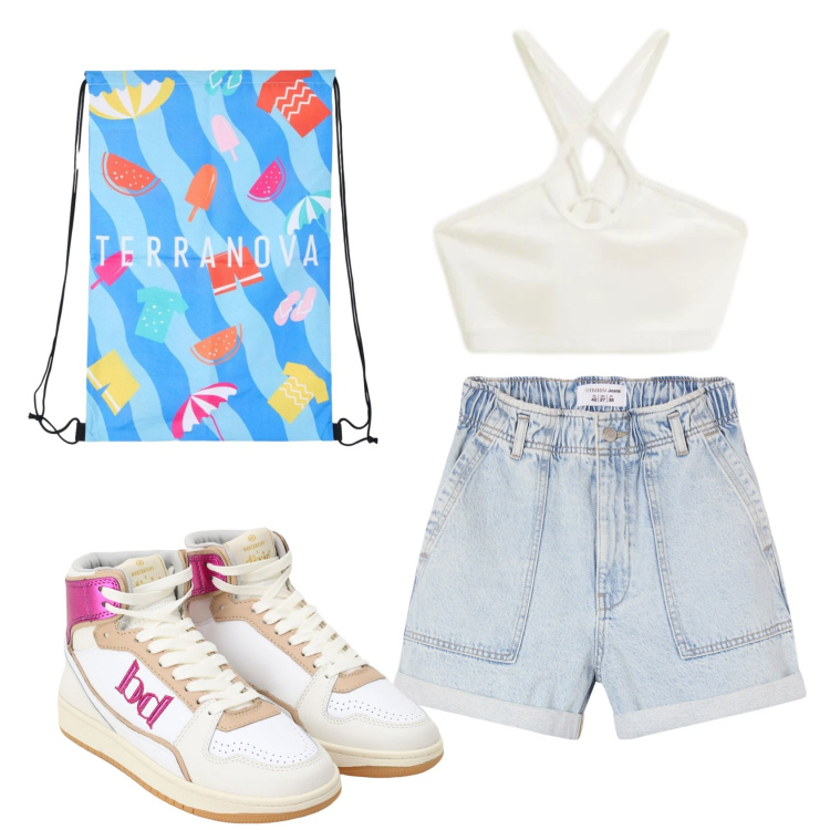 Outfit donna - Total look #2418358. Stile Sporty chic per Tutti i giorni. Abbinamento con shorts, zaini, top, sneakers alte.