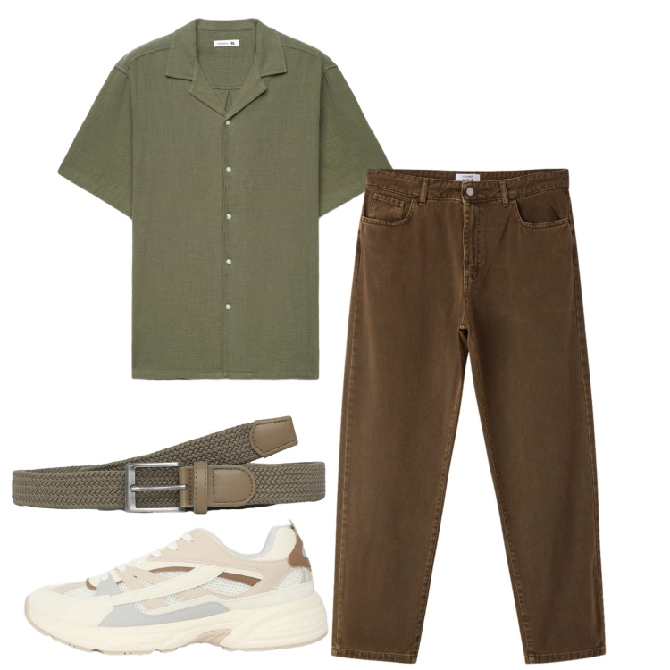 Outfit uomo - Tonalità bosco. Stile Casual per Tutti i giorni. Abbinamento con cinture, sneakers, camicie a manica corta, pantaloni.