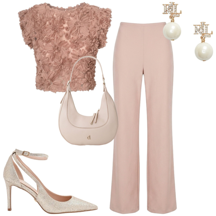 Outfit donna - Cerimonia. Stile Chic per Cerimonia. Abbinamento con décolleté, top, pantaloni, borse a tracolla, orecchini.