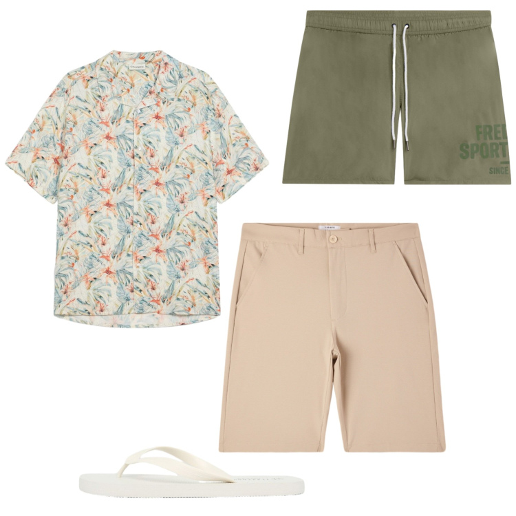 Outfit uomo - Al mare così. Stile Casual per Tutti i giorni. Abbinamento con camicie a manica corta, shorts, sandali, costumi.
