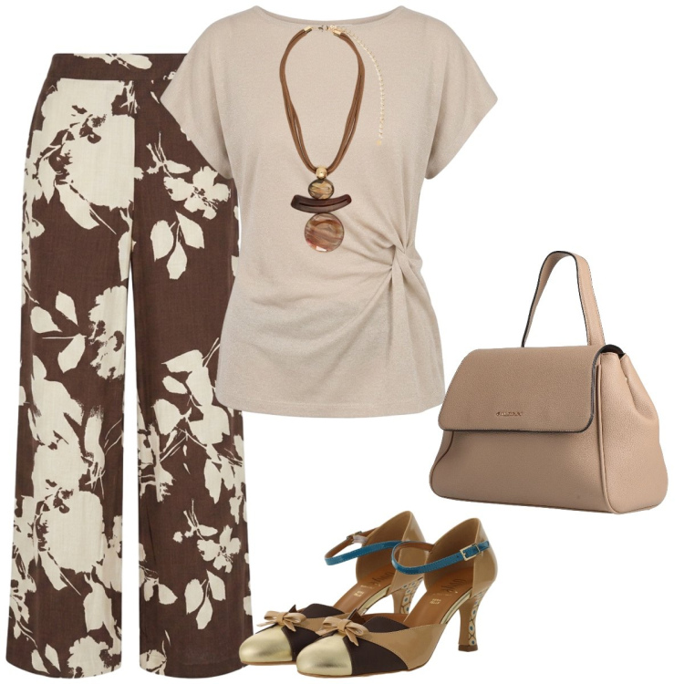 Outfit donna - In ufficio con stile. Stile Casual chic per Tutti i giorni. Abbinamento con zaini, pantaloni a palazzo, t-shirt, décolleté, ciondoli.