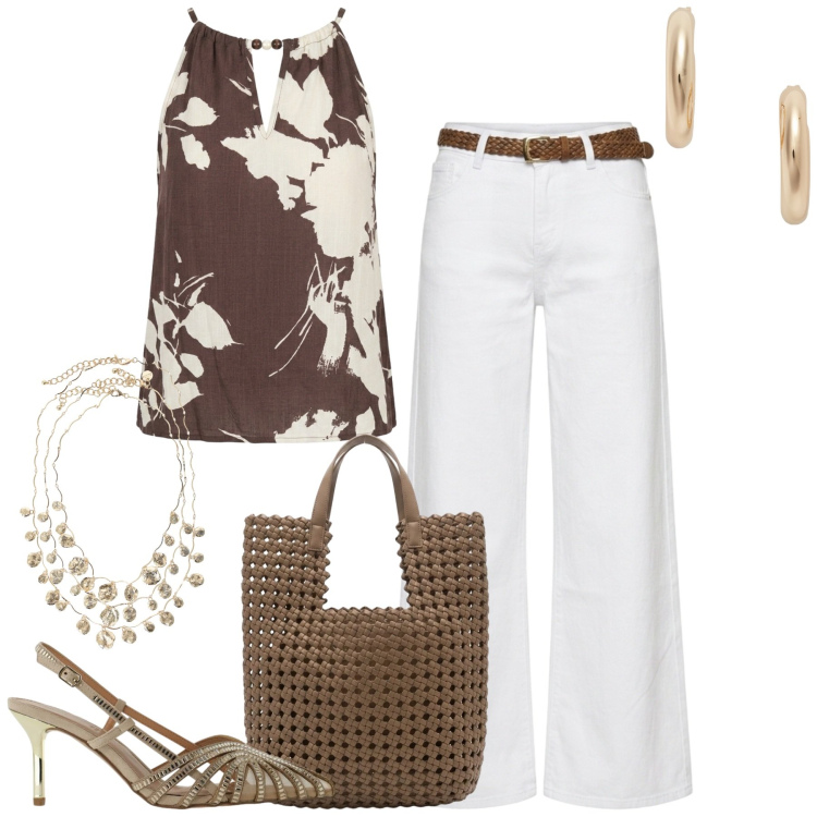 Outfit donna - City. Stile Urban per Tutti i giorni. Abbinamento con pantaloni, borse tote, canottiere, décolleté, collane, orecchini.