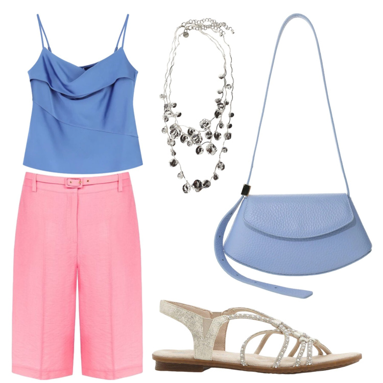 Outfit donna - Think pink. Stile Chic per Tutti i giorni. Abbinamento con sandali, bermuda, canottiere, borse a spalla, collane.