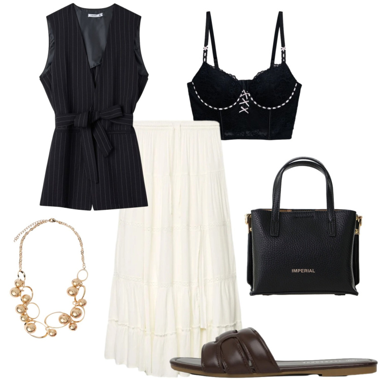 Outfit donna - La sera. Stile Casual chic per Serata fuori. Abbinamento con gilet, gonne lunghe, bralette, ciabatte, borse a tracolla, collane.