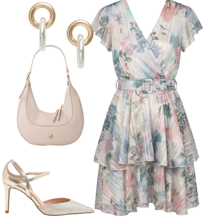 Outfit donna - Cerimonia. Stile Romantica per Cerimonia. Abbinamento con décolleté, orecchini, borse a tracolla, vestiti corti.