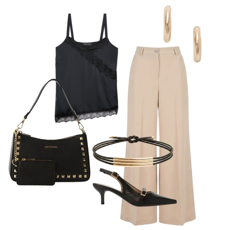 Outfit donna - Giugno. Stile Chic per Serata fuori. Abbinamento con sandali col tacco, borse a spalla, pantaloni a palazzo, cinture, top, orecchini.