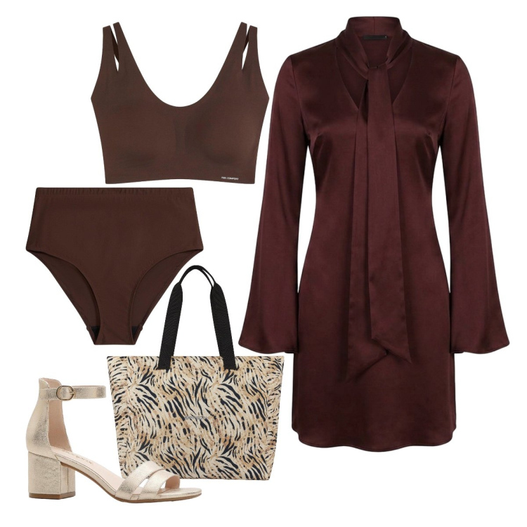 Outfit donna - Borsa animalier. Stile Trendy per Tutti i giorni. Abbinamento con sandali col tacco, bralette, culotte, vestiti corti, shopping bag.