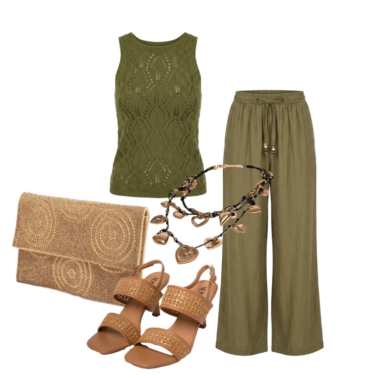 Outfit donna - Giugno. Stile Casual chic per Serata fuori. Abbinamento con canottiere, pantaloni a palazzo, sandali in pelle, clutch, collane.
