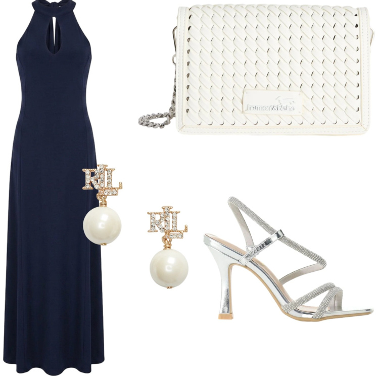 Outfit donna - Look da serata elegante. Stile Chic per Serata fuori. Abbinamento con sandali col tacco, borse a tracolla, vestiti lunghi, orecchini.
