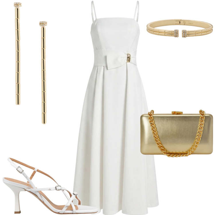 Outfit donna - Total White di giugno. Stile Chic per Cerimonia. Abbinamento con sandali in pelle, vestiti asimmetrici, clutch, orecchini, braccialetti.