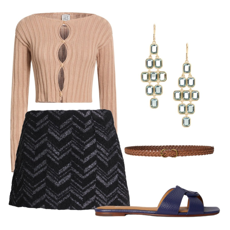 Outfit donna - Cintura intrecciata. Stile Bon Ton per Serata fuori. Abbinamento con minigonne, cardigans, cinture, sandali in pelle, orecchini.