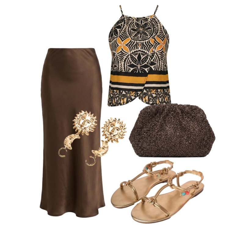 Outfit donna - Giugno. Stile Trendy per Serata fuori. Abbinamento con clutch, orecchini, gonne longuette, canottiere, sandali in pelle.