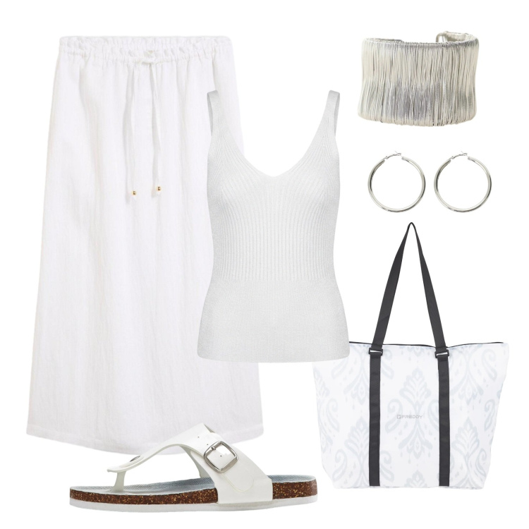 Outfit donna - Bianco d\'estate. Stile Minimal per Mare. Abbinamento con infradito, gonne lunghe, braccialetti, canottiere, shopping bag, orecchini.