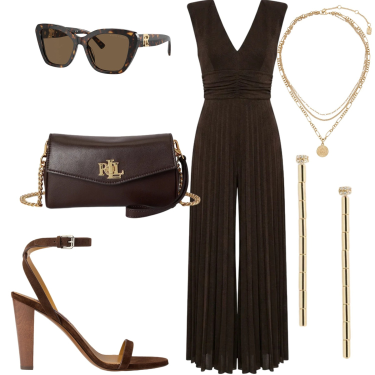 Outfit donna - La tuta plissè lurex. Stile Chic per Serata fuori. Abbinamento con tute, occhiali da sole, ciondoli, orecchini, sandali in pelle, portafogli.