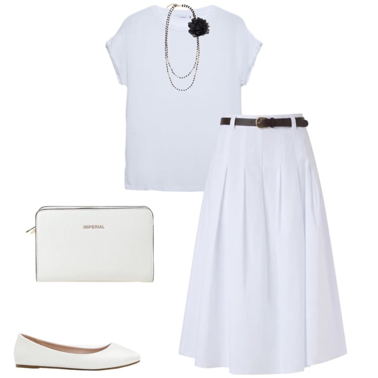 Outfit donna - Total White a giugno. Stile Casual chic per Ufficio. Abbinamento con ballerine, gonne longuette, t-shirt, borse a tracolla, collane.
