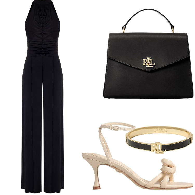 Outfit donna - La tuta sofisticata. Stile Chic per Serata fuori. Abbinamento con sandali in pelle, tute, borse a mano, braccialetti.