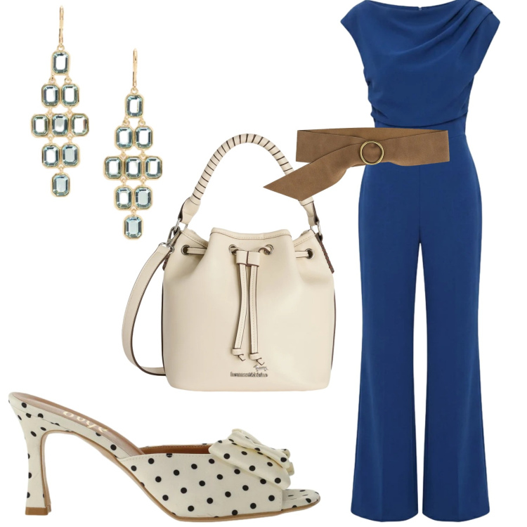 Outfit donna - Total look #2418392. Stile Glamour per Serata fuori. Abbinamento con tute, borse a secchiello, cinture, sandali col tacco, orecchini.