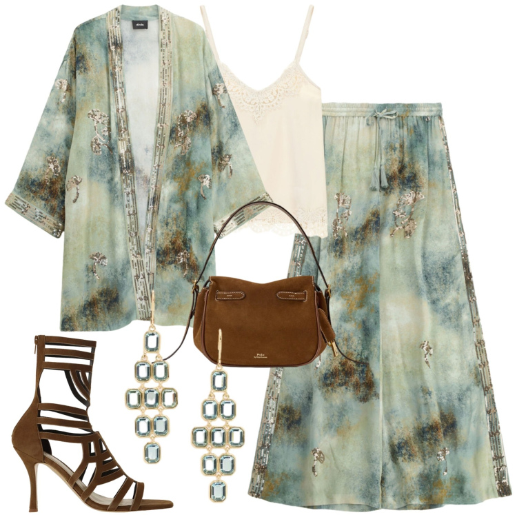 Outfit donna - Al mare glamour. Stile Boho per Mare. Abbinamento con pantaloni a palazzo, blazer, top, sandali col tacco, borse a mano, orecchini.