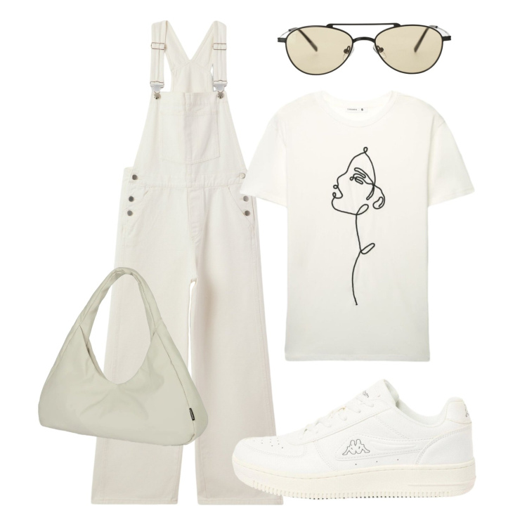 Outfit donna - Salopette bianco lana. Stile Urban per Tutti i giorni. Abbinamento con sneakers, salopette, t-shirt, occhiali da sole, borse a spalla.