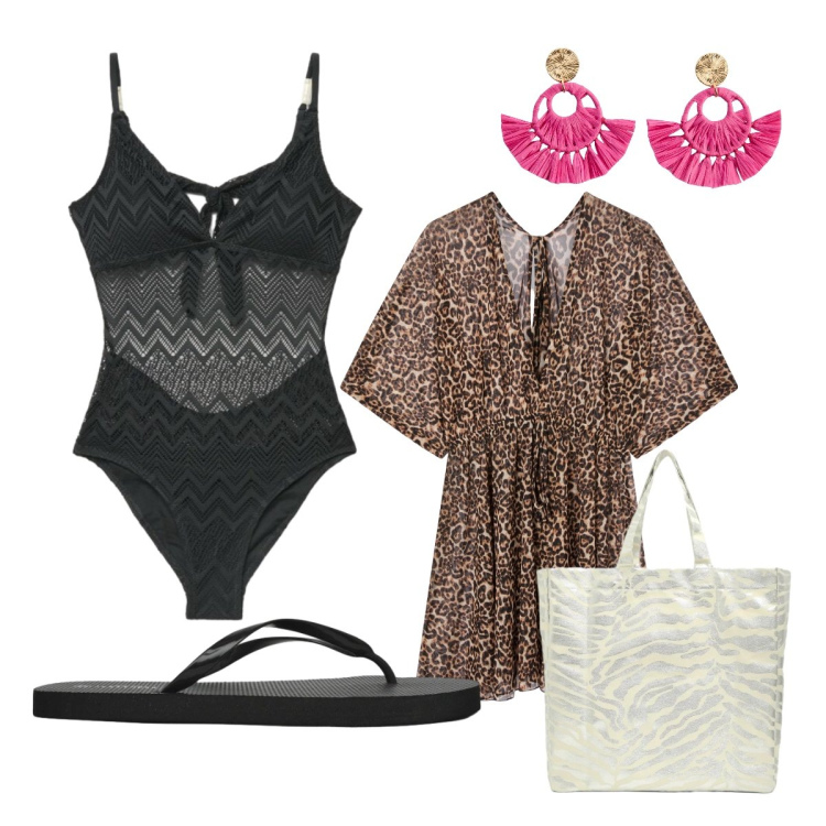 Outfit donna - Estate beachwear. Stile Etnico per Mare. Abbinamento con orecchini, vestiti da spiaggia, shopping bag, infradito, costumi interi.