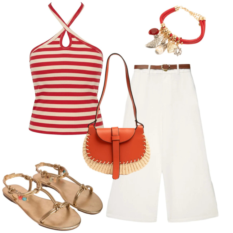 Outfit donna - Giugno. Stile Casual per Tutti i giorni. Abbinamento con pantaloni a palazzo, braccialetti con ciondoli, borse a tracolla, sandali in pelle, canottiere.