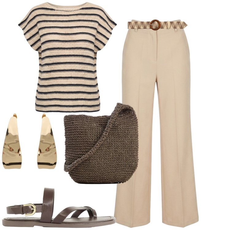 Outfit donna - City. Stile Urban per Tutti i giorni. Abbinamento con sandali, shopping bag, cinture, top, pantaloni, orecchini.
