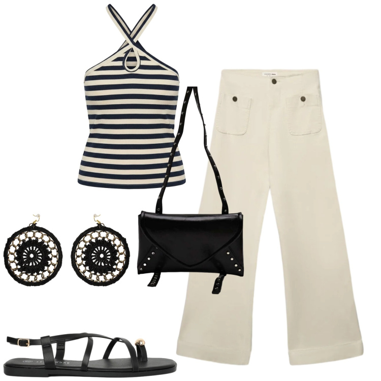 Outfit donna - City. Stile Casual per Tutti i giorni. Abbinamento con jeans, sandali, canottiere, borse a tracolla, orecchini.