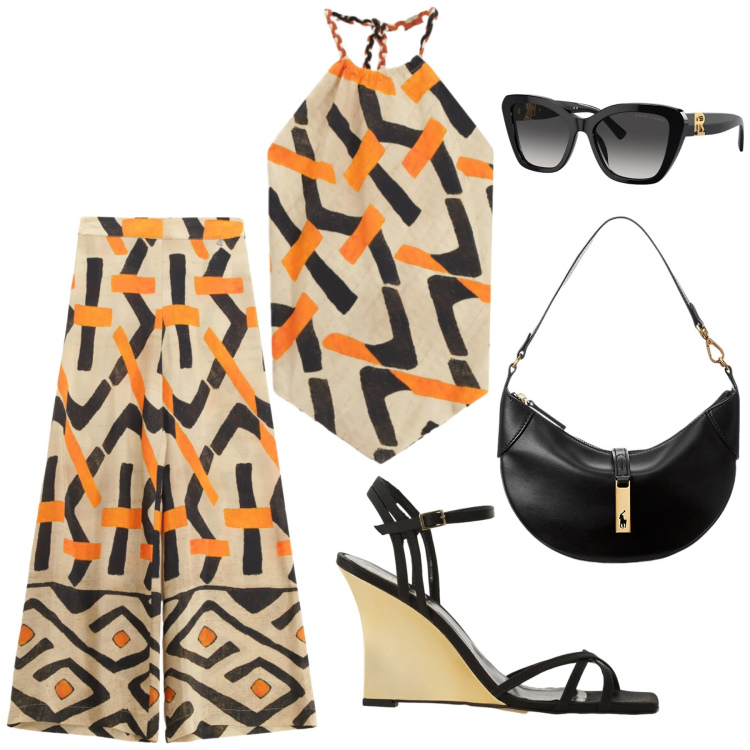 Outfit donna - Total look #2418414. Stile Etnico per Serata fuori. Abbinamento con pantaloni a palazzo, sandali col tacco, top, occhiali da sole, borse a spalla.