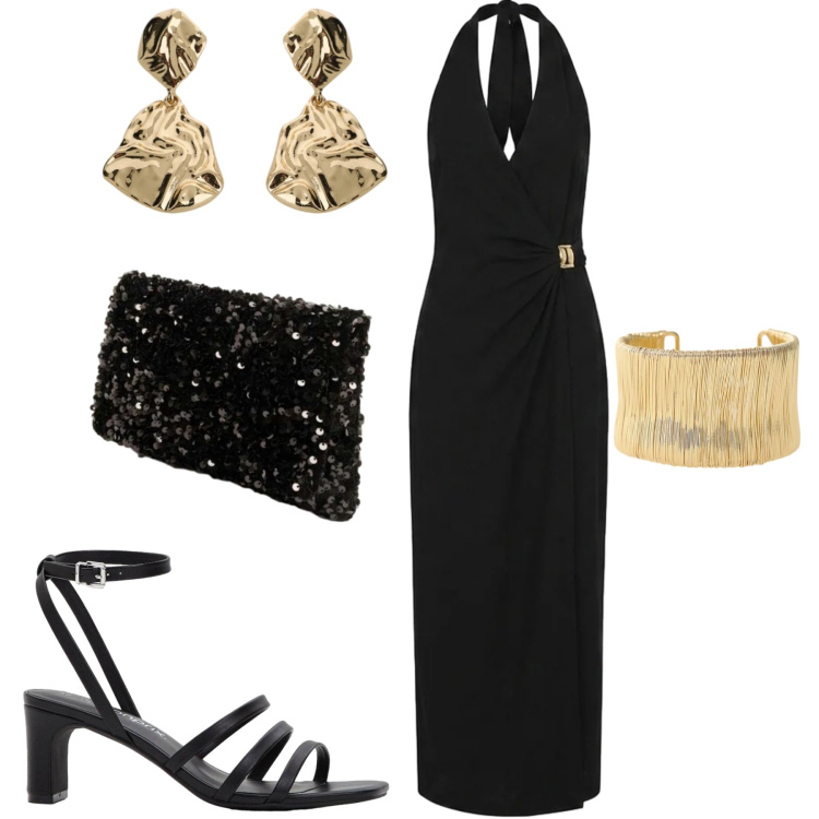 Outfit donna - Serata. Stile Chic per Serata fuori. Abbinamento con sandali col tacco, braccialetti, vestiti lunghi, clutch, orecchini.