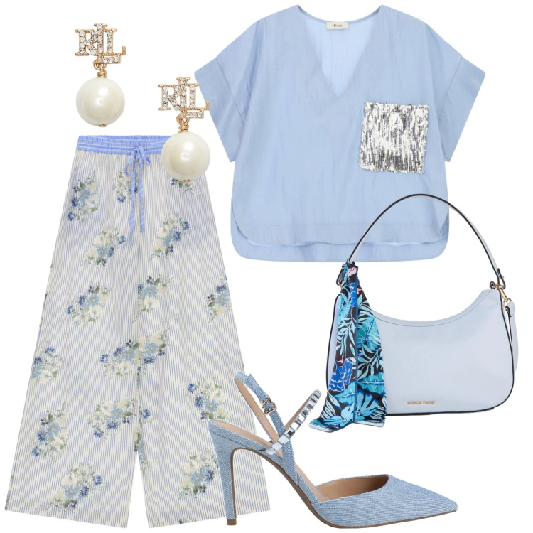 Outfit donna - Total look #2418416. Stile Glamour per Serata fuori. Abbinamento con décolleté, borse a mano, pantaloni a palazzo, bluse, orecchini.