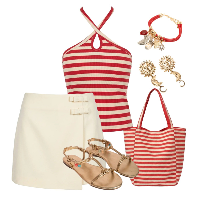 Outfit donna - Sandalo con accessorio. Stile Trendy per Mare. Abbinamento con sandali in pelle, canottiere, minigonne, orecchini, borse tote, braccialetti con ciondoli.