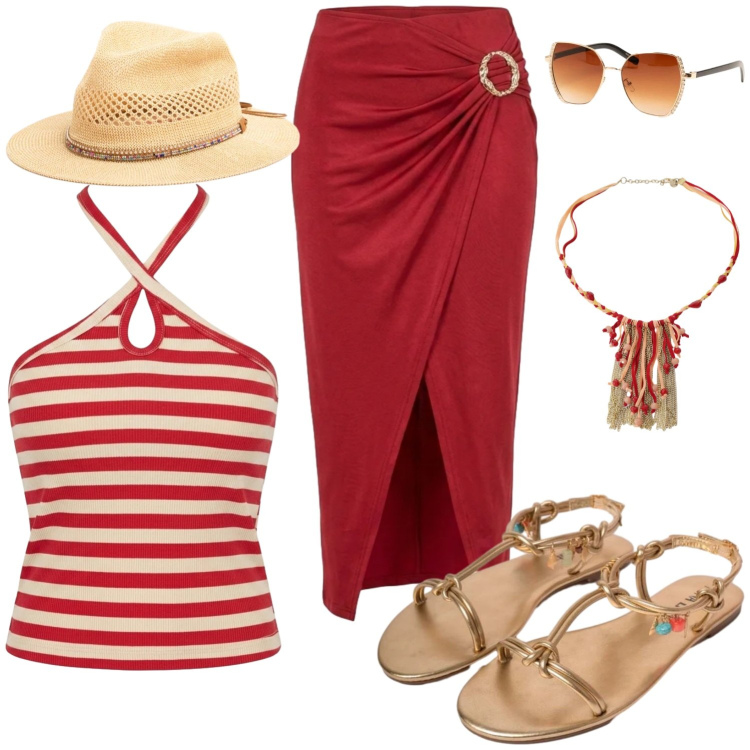 Outfit donna - Energia estiva. Stile Minimal per Tutti i giorni. Abbinamento con gonne longuette, sandali in pelle, canottiere, occhiali da sole, cappelli, cappotti.