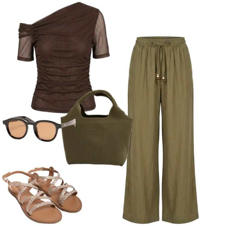 Outfit donna - Giugno. Stile Casual chic per Tutti i giorni. Abbinamento con top, sandali in pelle, pantaloni a palazzo, borse a mano, occhiali da sole.