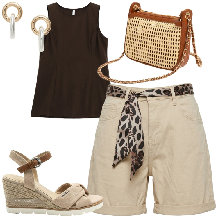 Outfit donna - Giugno. Stile Casual chic per Tutti i giorni. Abbinamento con sandali col tacco, canottiere, portafogli, shorts, orecchini.