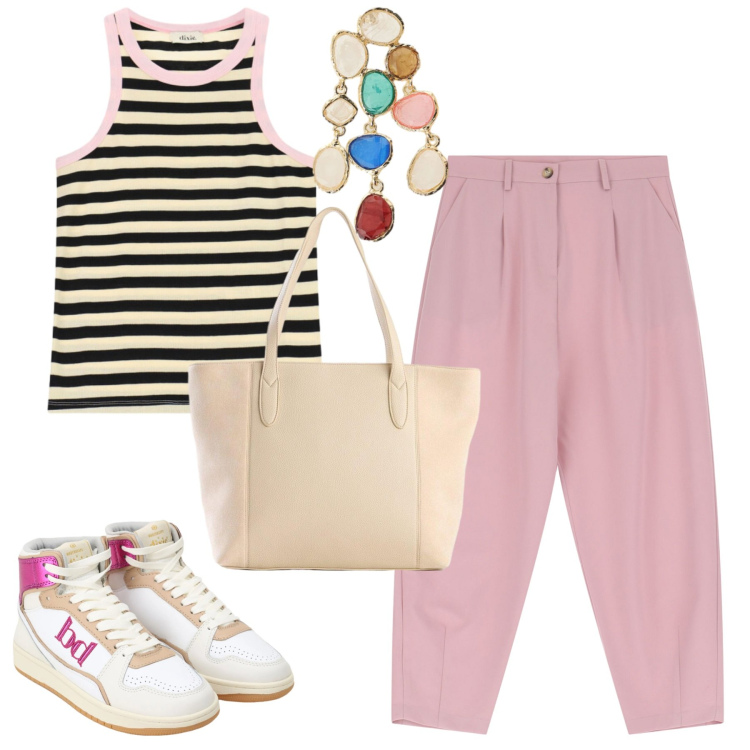 Outfit donna - City. Stile Casual chic per Tutti i giorni. Abbinamento con shopping bag, sneakers alte, pantaloni, orecchini, top.