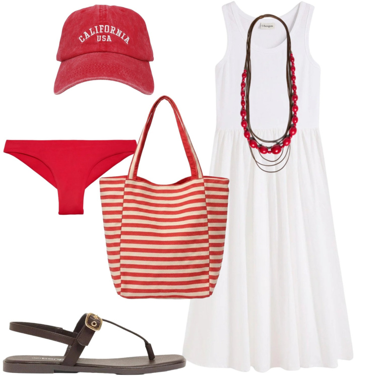 Outfit donna - Al mare. Stile Casual chic per Mare. Abbinamento con vestiti, sandali, cappelli con visiera, bikini, borse tote, collane.