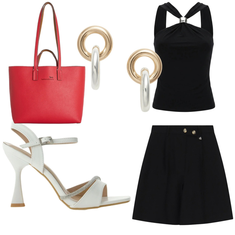 Outfit donna - Il bermuda di sera. Stile Trendy per Serata fuori. Abbinamento con shopping bag, sandali gioiello, orecchini, bermuda, top.