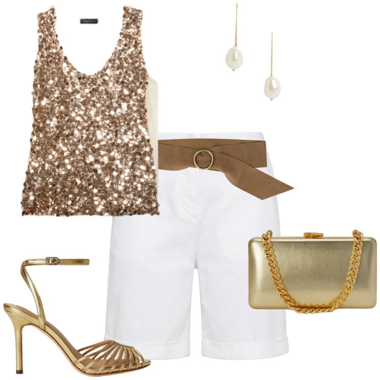 Outfit donna - Glamour serata evento speciale. Stile Glamour per Serata fuori. Abbinamento con bermuda, cinture, top, clutch, sandali in pelle, orecchini.