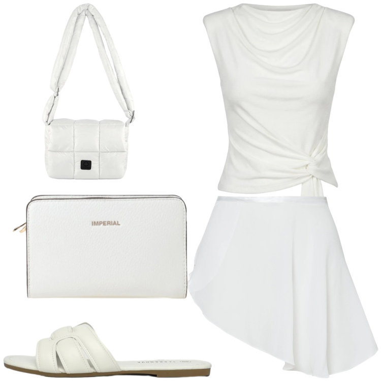 Outfit donna - Il bianco che da freschezza. Stile Casual chic per Tutti i giorni. Abbinamento con ciabatte, borse a tracolla, top, minigonne, borse a spalla.